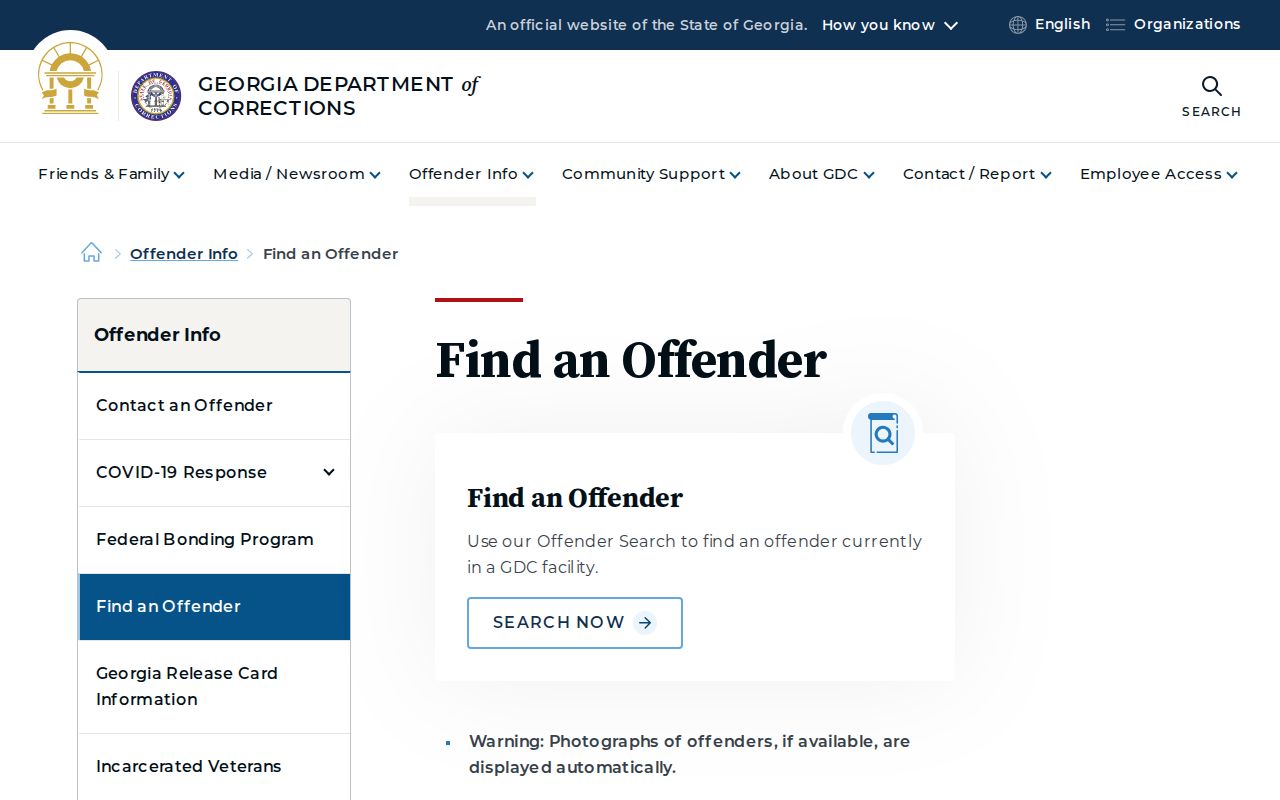 Georgia Department of Corrections Find an Offender search landing page