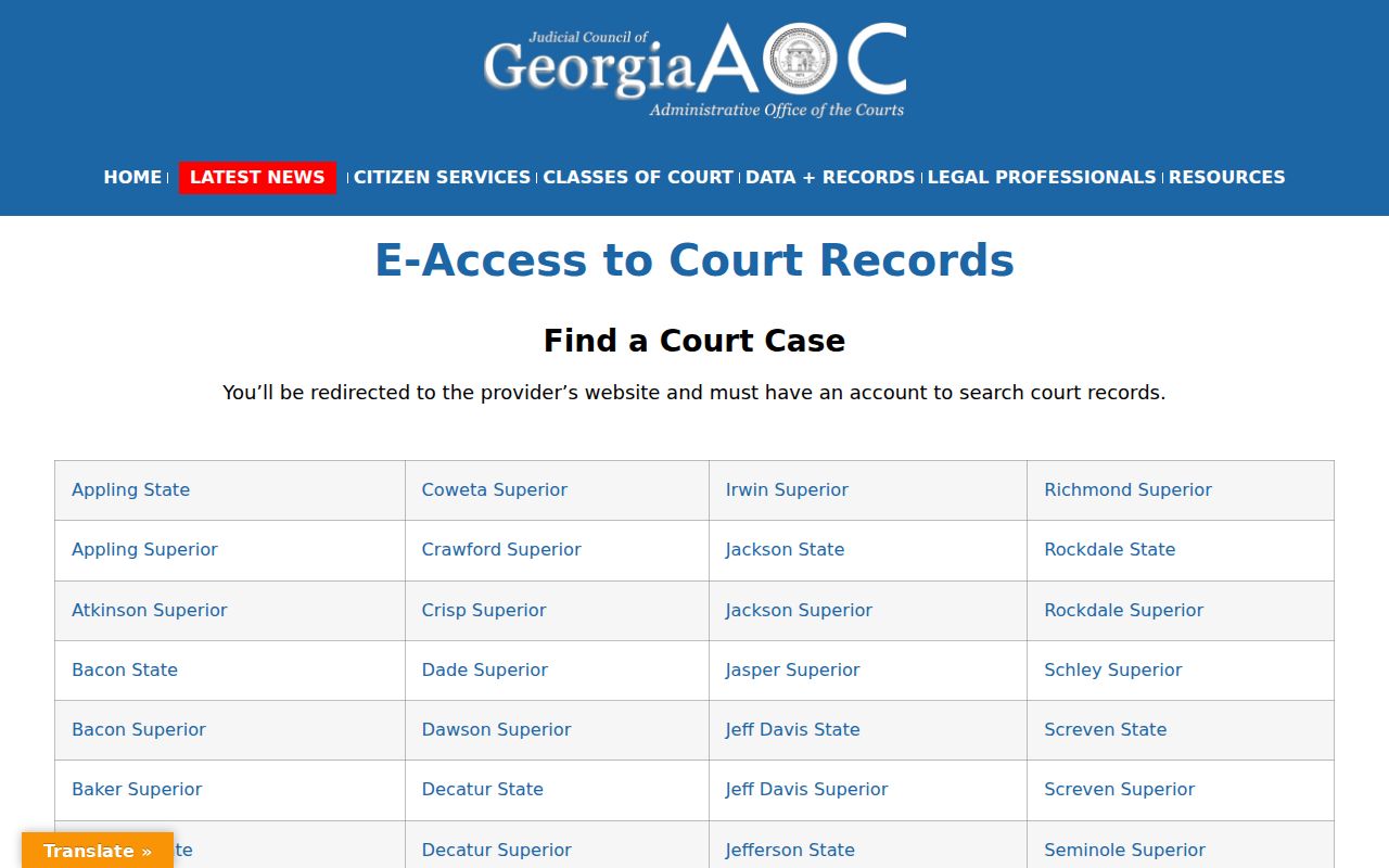 Georgia E-Access directory listing court record providers for Chattahoochee Superior Court