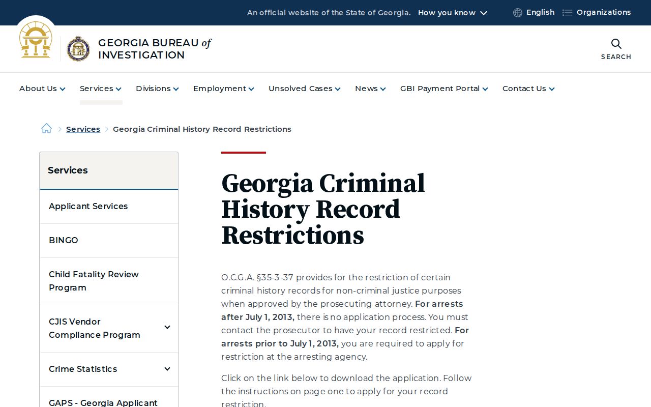 Official Georgia criminal-history record restriction page